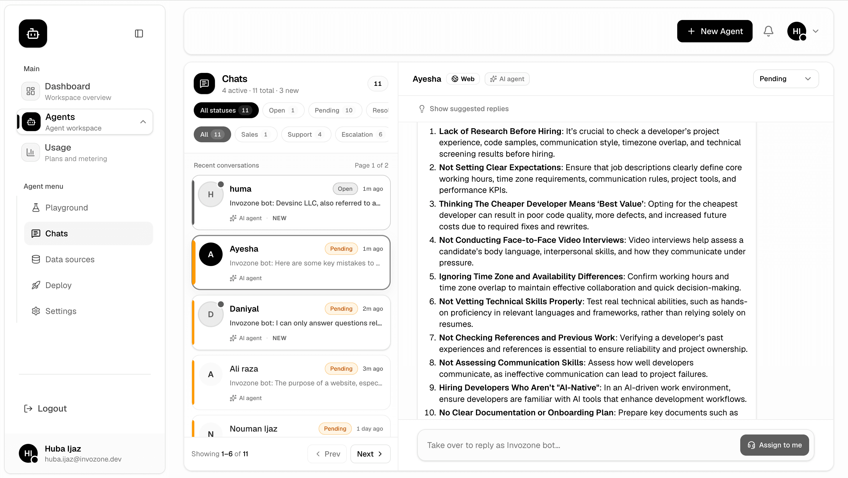 Invocom workspace dashboard for seamless chatbot communication